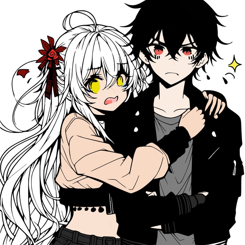 anime girl with long messy hair wearing a cropped jacket hugging an anime guy wearing a leather jacket and looking embarrassed