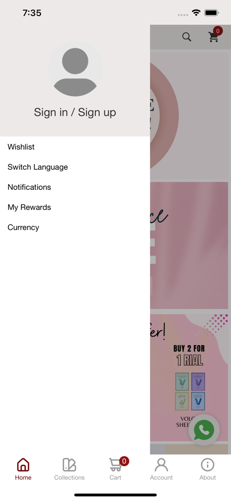 BROONZE - Side navigation menu of the BROONZE app showing account login wishlist and rewards options