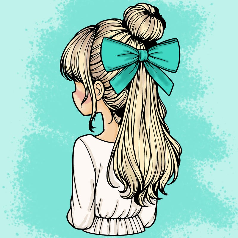 realistic girl  with hip length hair a bun and a big bow on the back of head