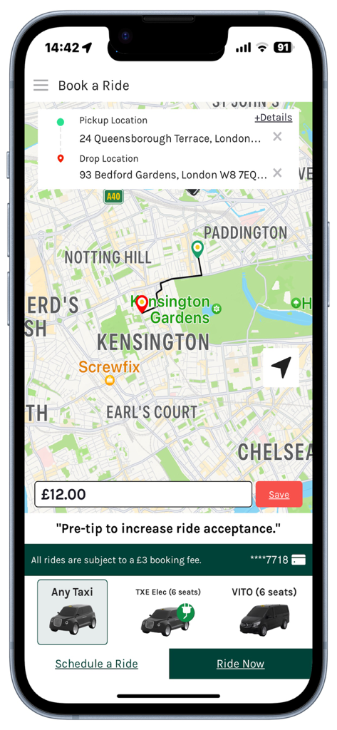 Taxiapp UK: London Black Cab - Taxiapp UK mobile app interface for booking a London black cab taxi showing a map and vehicle selection