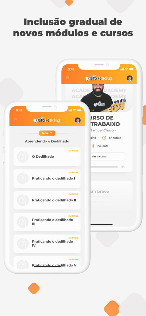 Cifra Club Academy - Cifra Club Academy app interface showing structured music lesson modules for guitar and bass guitar
