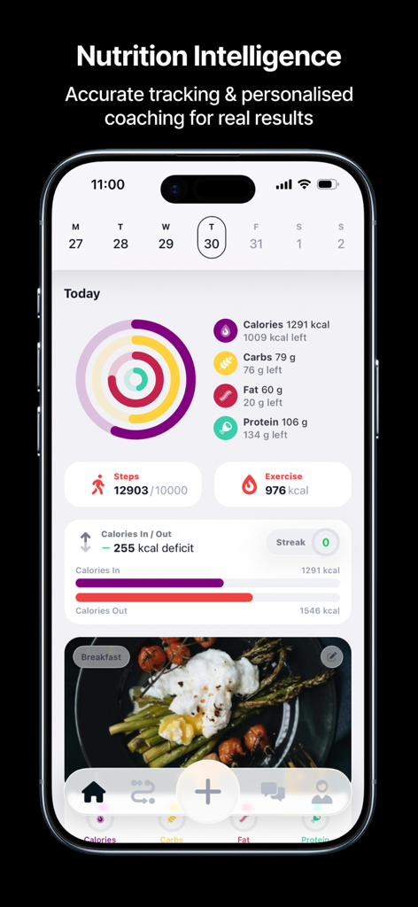 Calorie Tracker - CalorieCam - Dashboard dell'app CalorieCam che mostra l'apporto calorico giornaliero, il monitoraggio dei macronutrienti e le metriche di attività fisica.