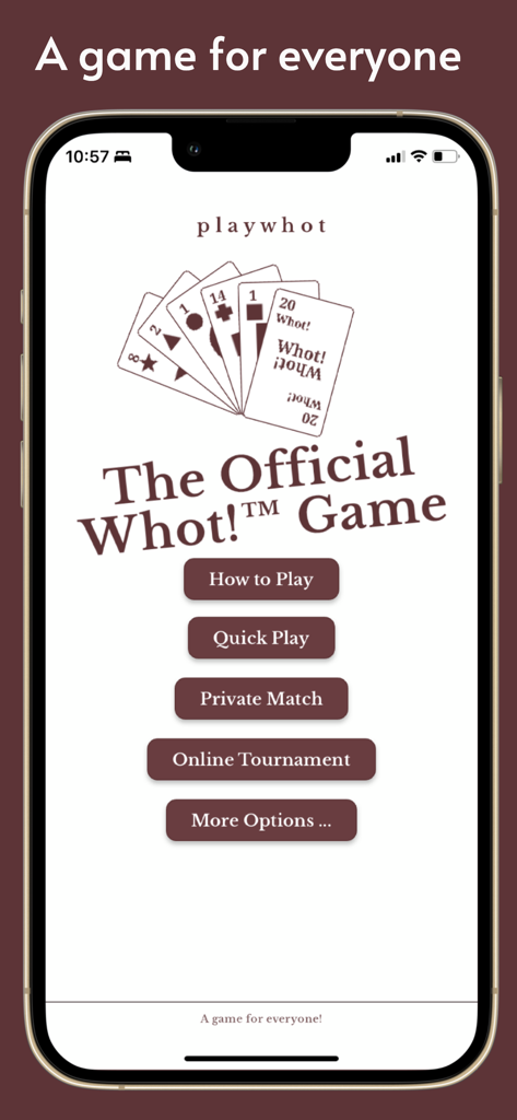 Home screen of Play Whot app displaying the main menu and game modes.