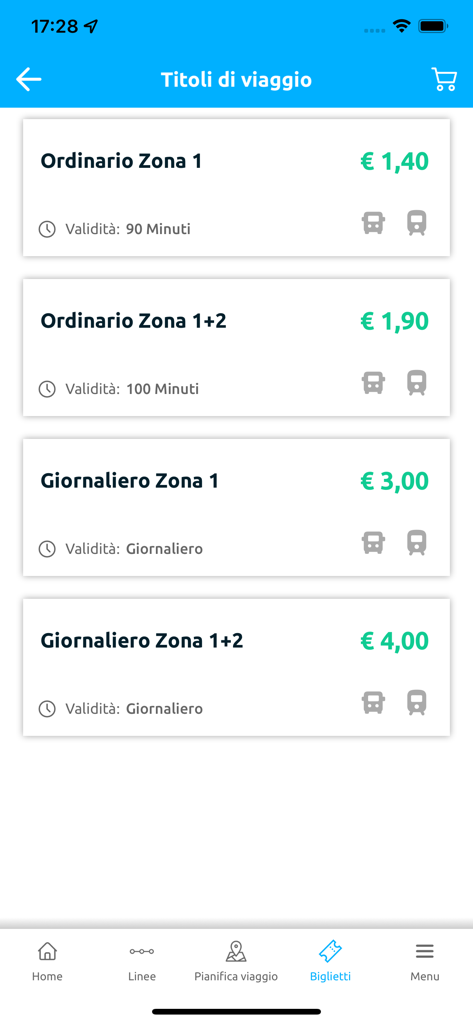 Selezione di biglietti per autobus e metropolitana con prezzi nell'app di viaggio Bresciapp