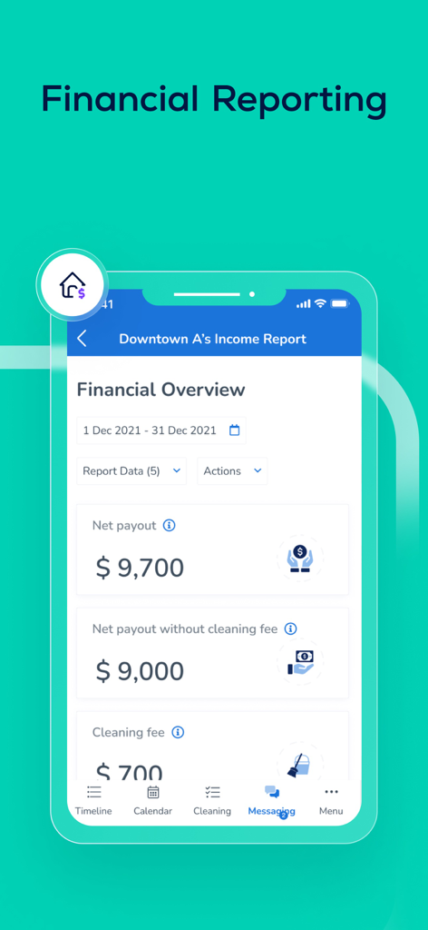 Guesty For Hosts app screenshot showing a detailed financial income report including net payout and cleaning fees for a rental property