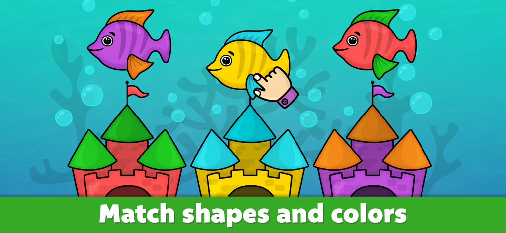 Toddler educational game screen showing a color and shape matching activity with fish and underwater castles