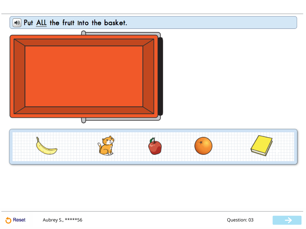 Educational assessment screen showing a sorting task where a student must identify fruit.