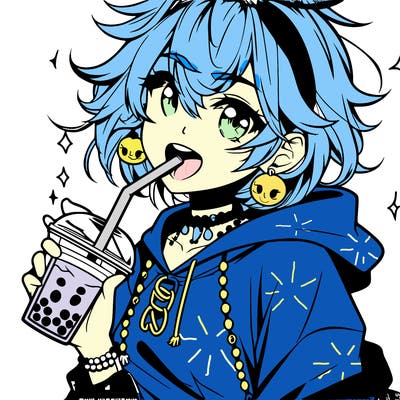 hot baddie anime girl drinking boba and biting the straw