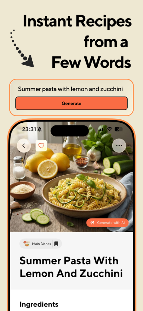 Recipe Keeper: RecipeSnap - Recipe Keeper app interface showing AI generation of a summer pasta recipe from a short text prompt