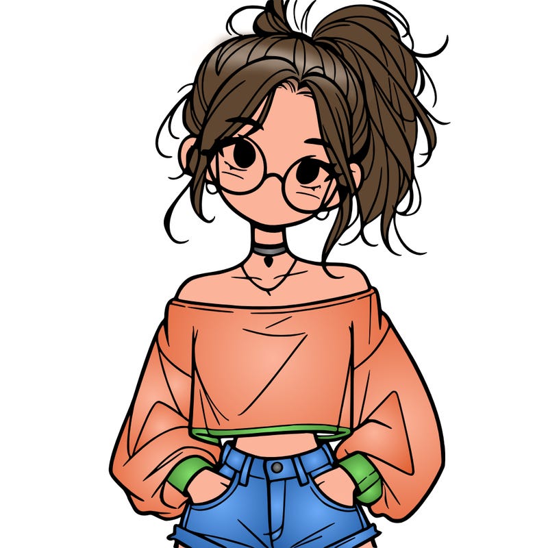 girl with a messy ponytail glasses a baggy crop top and jean shorts