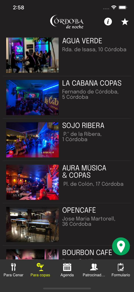 Córdoba de Noche - Interface of the Córdoba de Noche app showing a curated list of bars and nightlife spots in Córdoba Spain