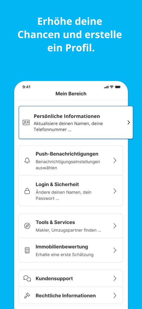 immonet Immobilien Suche - Menu du profil utilisateur dans l'application immobilière immonet affichant les paramètres relatifs aux informations personnelles, aux notifications et à l'évaluation des biens.