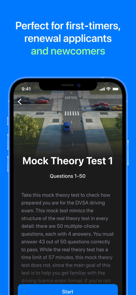 Driving Theory Test Genie™ - Captura de pantalla de una pantalla de examen de práctica de teoría de conducción en la aplicación Genie para aprendices y solicitantes de renovación