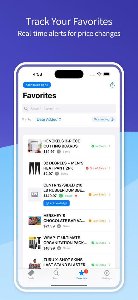 Screenshot of the Warehouse Runner app showing a list of favorite products with real-time price alerts and stock status