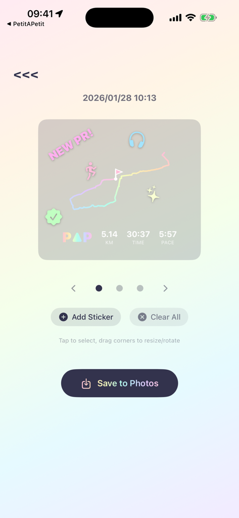 Interface for editing a running share card with stickers and a colorful GPS route map in the Petit a Petit app