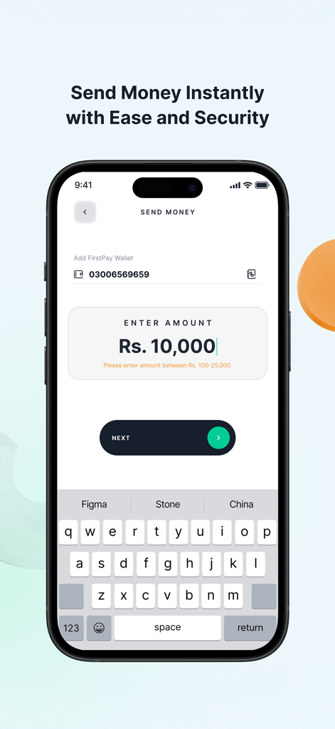 FirstPay mobile app screen for sending money in Pakistani Rupees