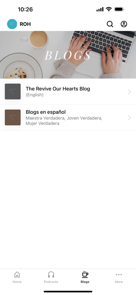 Revive Our Hearts - Interface of the Revive Our Hearts app showing English and Spanish blog sections