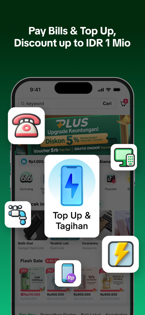 Tokopedia - Tokopedia mobile app screen showing options to pay bills and top up with icons for utilities like water and electricity.