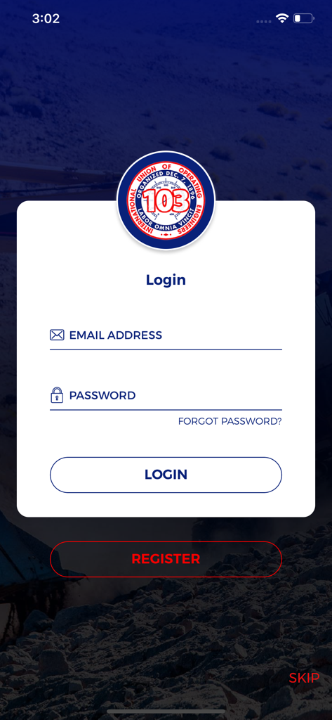 Login screen for the IUOE 103 union mobile app with email and password fields
