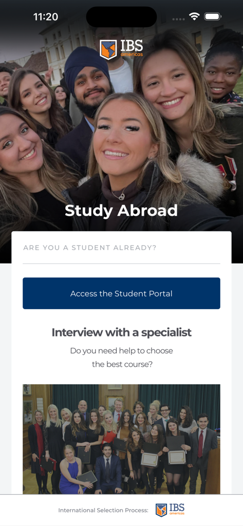 IBS Americas - Tela inicial do aplicativo IBS Americas Study Abroad com acesso ao portal do aluno e opções de consulta especializada