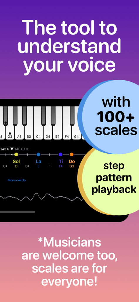 Sing Scales - Interfaz de la aplicación Sing Scales con un teclado de piano y ejercicios de escalas vocales