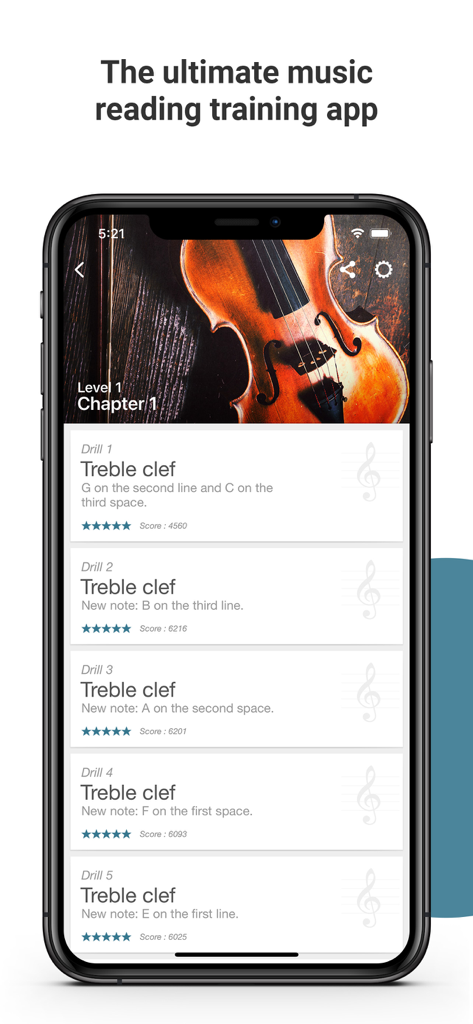 Complete Music Reading Trainer - Complete Music Reading Trainer app interface showing a list of treble clef music theory drills with 5 star ratings and high scores