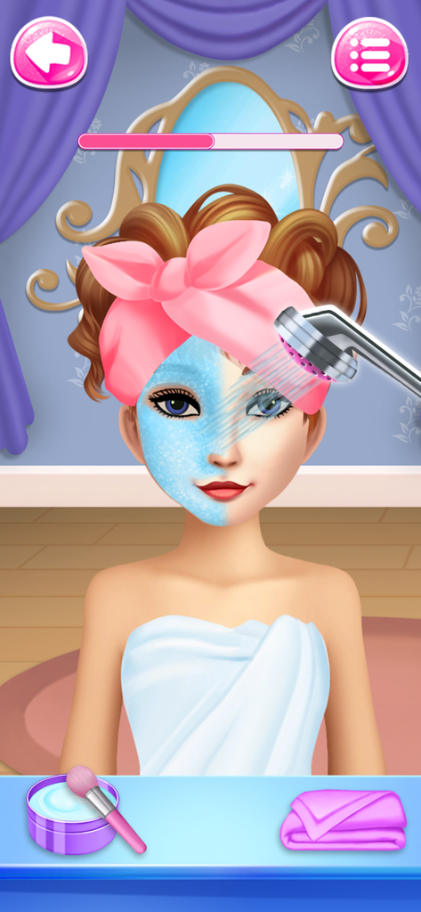 Hair Salon Games: Hair Spa - Um personagem em um jogo de salão de beleza recebendo um tratamento de máscara facial azul