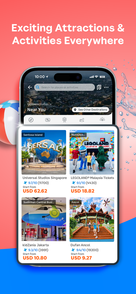 Traveloka app interface displaying ticket booking options for attractions like Universal Studios Singapore and Legoland Malaysia