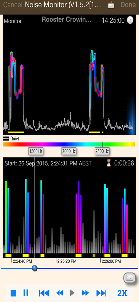 Noise Monitor and Analysis - Noise Monitor and Analysis app interface showing a color coded audio frequency graph for noise evidence collection