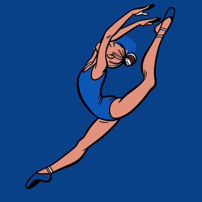 gymnast doing a leap in a leotard with a bent back leg