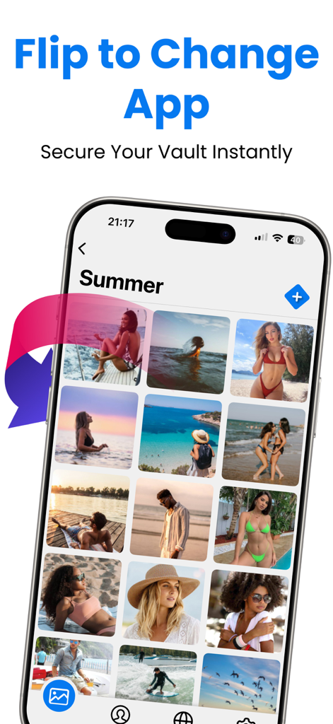 Hidden Folder - KYMS &  KYCALC - iPhone displaying a private photo gallery with a feature to flip and hide the app instantly for security