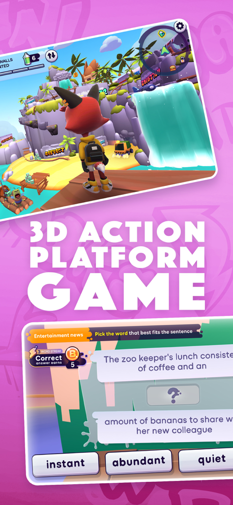 Word Tag: Lingo learning game - A split screen showing a character in a 3D game world and a vocabulary multiple choice quiz below it