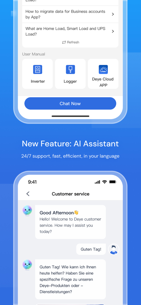 Deye Cloud mobile app interface showing the AI assistant feature and multilingual customer support chat.