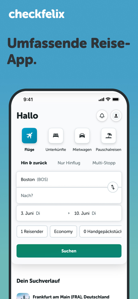 checkfelix: Flüge Hotels Autos - Schermata principale dell'app di viaggio checkfelix che mostra le opzioni di ricerca voli e l'interfaccia di prenotazione