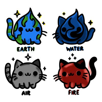4 cats that represent the different elements, earth, water, air, and fire