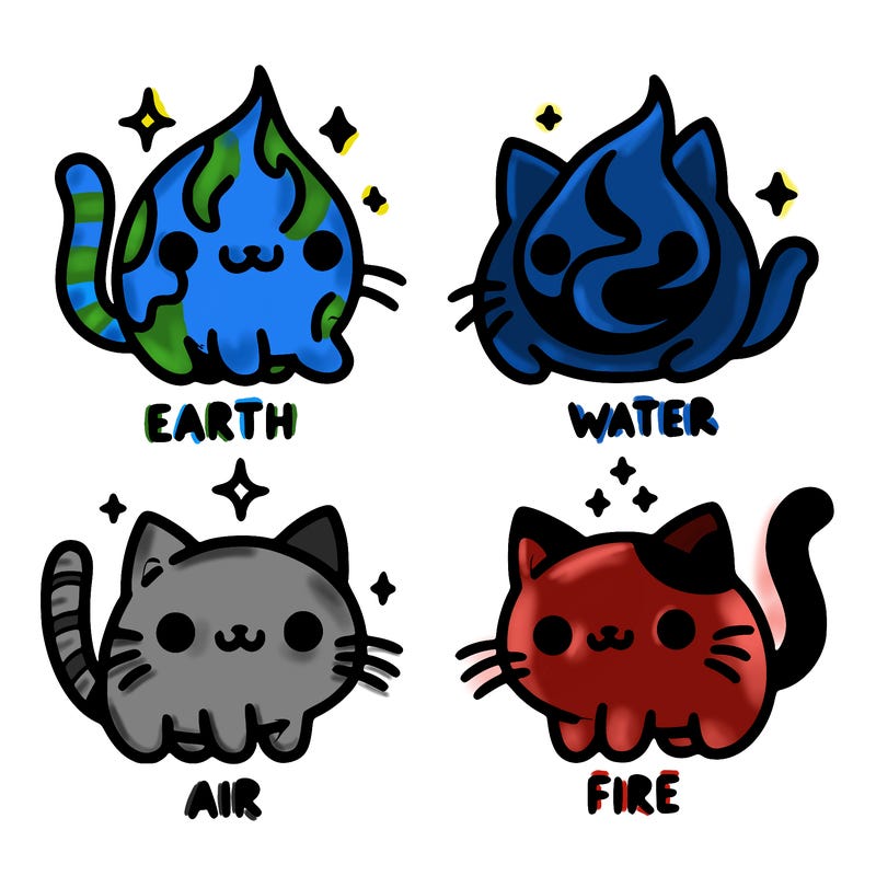 4 cats that represent the different elements, earth, water, air, and fire