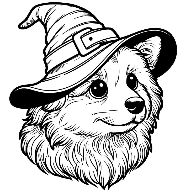realistic dog, wearing a witch hat