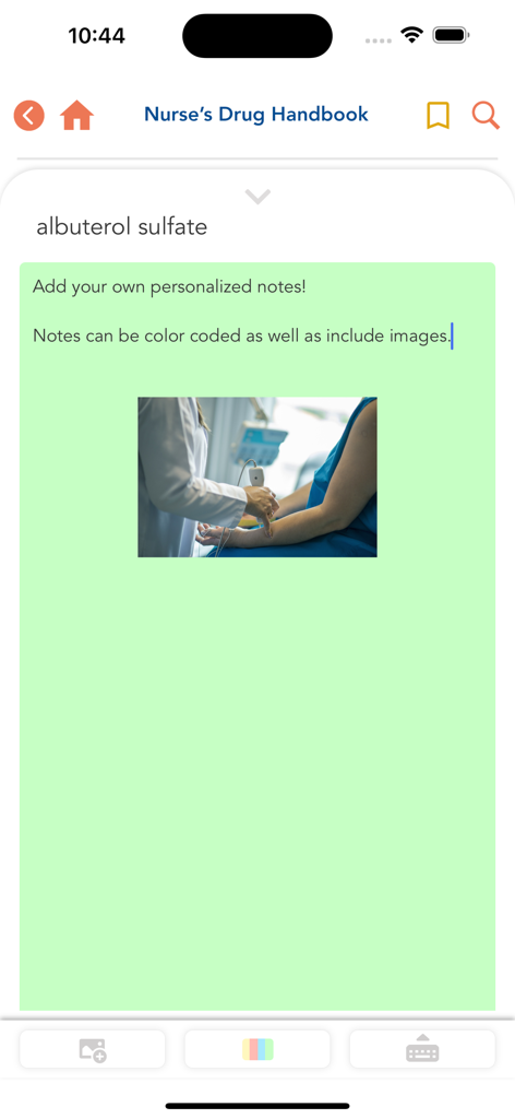 Función de toma de notas personalizada con soporte de imágenes y códigos de color en la aplicación Nurses Drug Handbook.