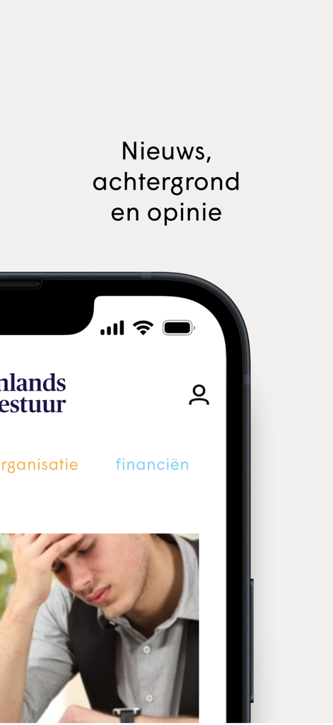 Binnenlands Bestuur Nieuws App - Interface of the Binnenlands Bestuur news app highlighting news background and opinion sections