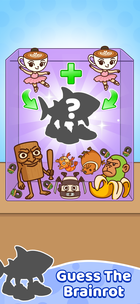 Italian Meme Game: Merge Drop - A puzzle game screen showing viral meme characters merging into a mystery silhouette with the text Guess The Brainrot