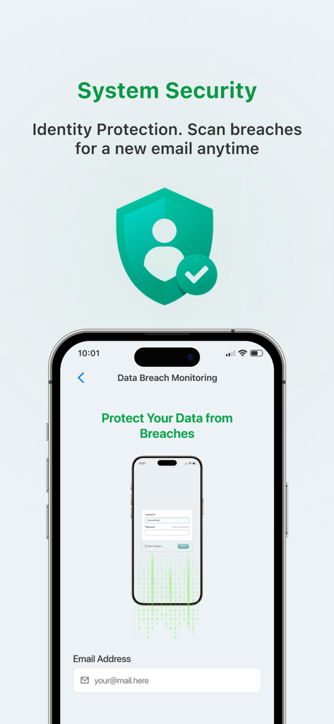Privacy Fortress: Secure, Safe - Interface of the Privacy Fortress app showing identity protection and data breach monitoring features
