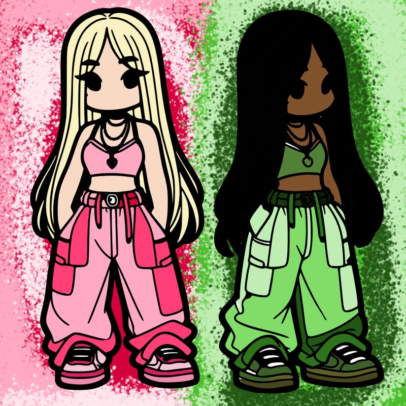 girl in baggy pants crop top and long hair