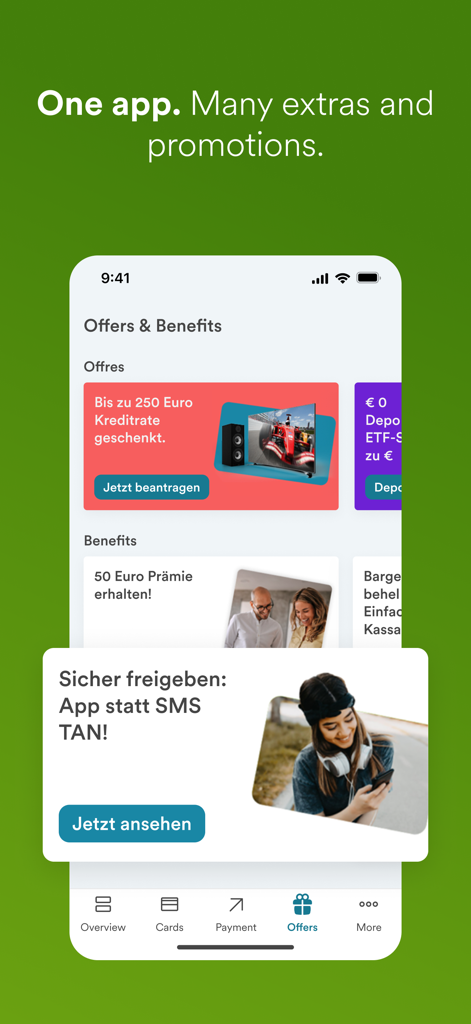 Eine mobile Oberfläche der easybank App, die aktuelle Angebote und finanzielle Vorteile für Nutzer zeigt.