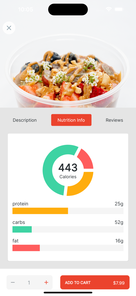 Eat Clean Chicago - Nutritional breakdown screen showing 443 calories protein carbs and fat for a meal prep bowl in the Eat Clean Chicago app