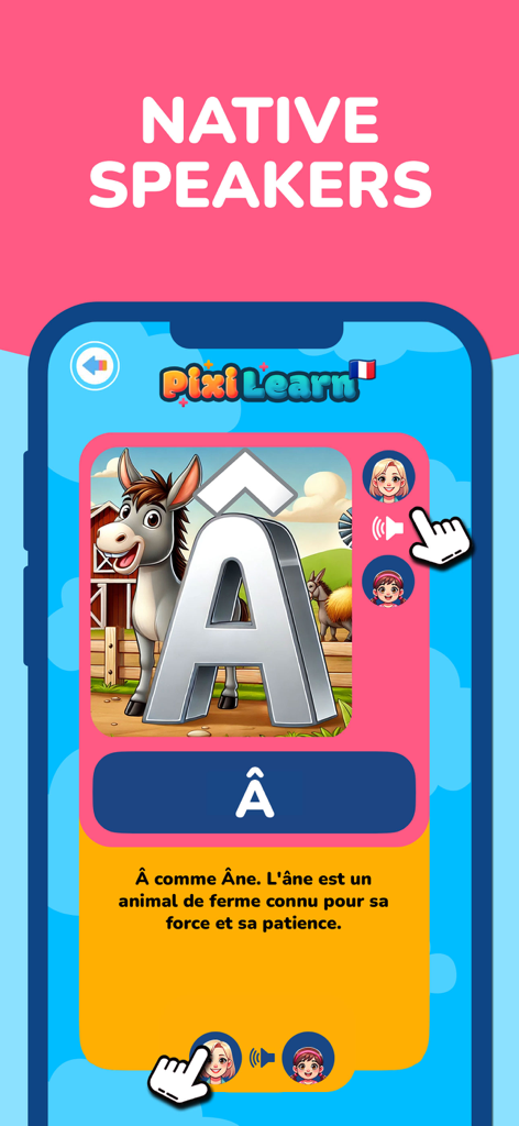 PixiLearn - French FlashCards - Pantalla educativa que muestra la letra A francesa con una ilustración de burro y opciones de audio de hablante nativo