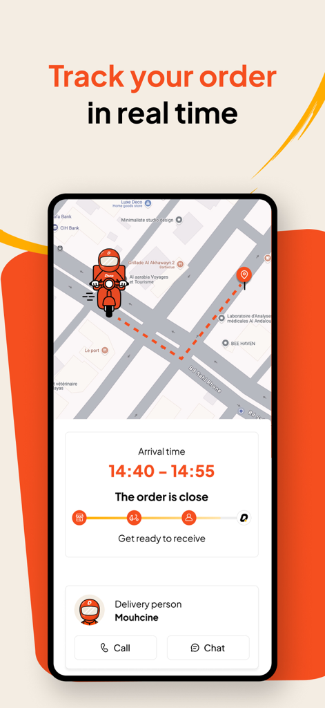 Schermata di tracciamento ordini in tempo reale nell'app DONE che mostra la mappa di consegna e l'orario di arrivo