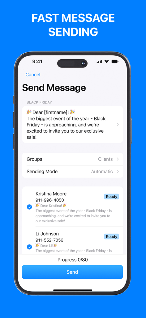 Group Text - Mass SMS Message - Interface of an iOS app for sending personalized mass text messages using contact placeholders