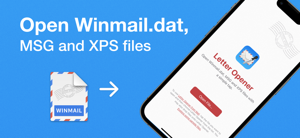 スマートフォンでwinmail dat msgおよびxpsファイルを開くためのWinmail Viewerアプリのインターフェイス