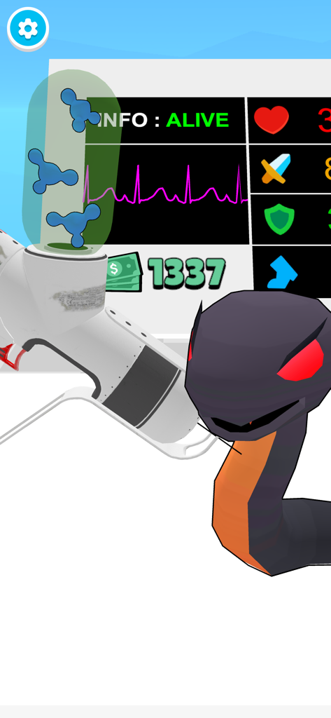 Un outil mécanique injectant des bactéries bleues dans une créature serpent dans un laboratoire.