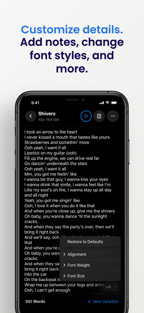 Lyrics: Live - Personalizando o tamanho e a espessura da fonte para letras no aplicativo Lyrics Live